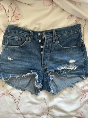 Levi's 501s Ripped Dark Blue Denim Cutoff Shorts - 26W
